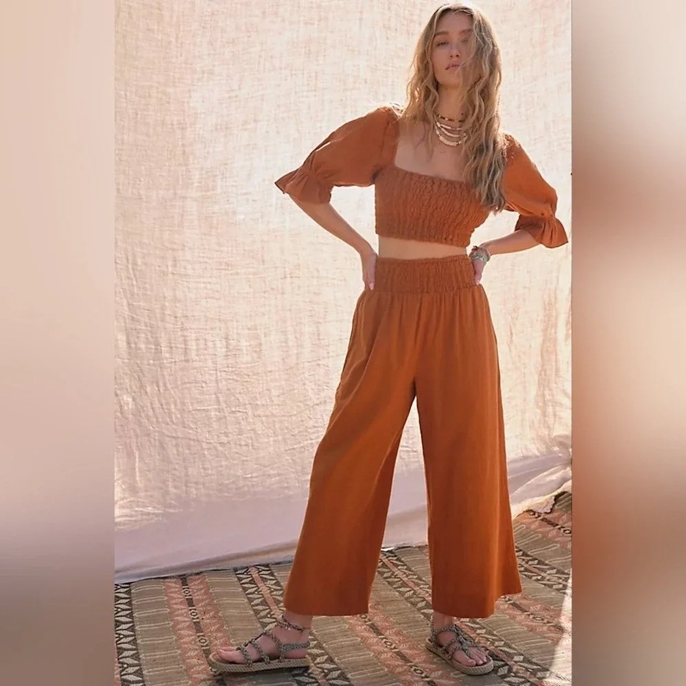 Free People est At Ease Boho Earthy Coastal Simple Brown Smocked Set Medium Eco